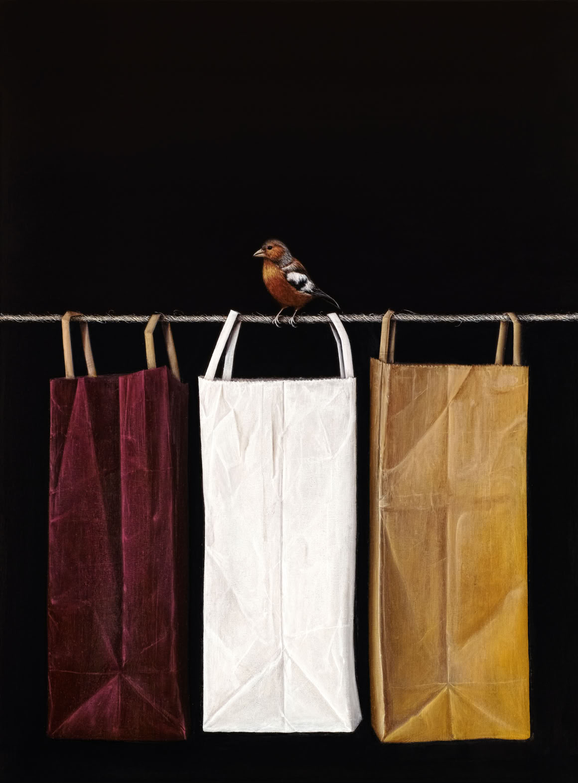 Ein Vogel sitzt auf einer Leine, an der drei Papiertüten in Rot, Weiß und Gelb hängen, vor einem schwarzen Hintergrund.