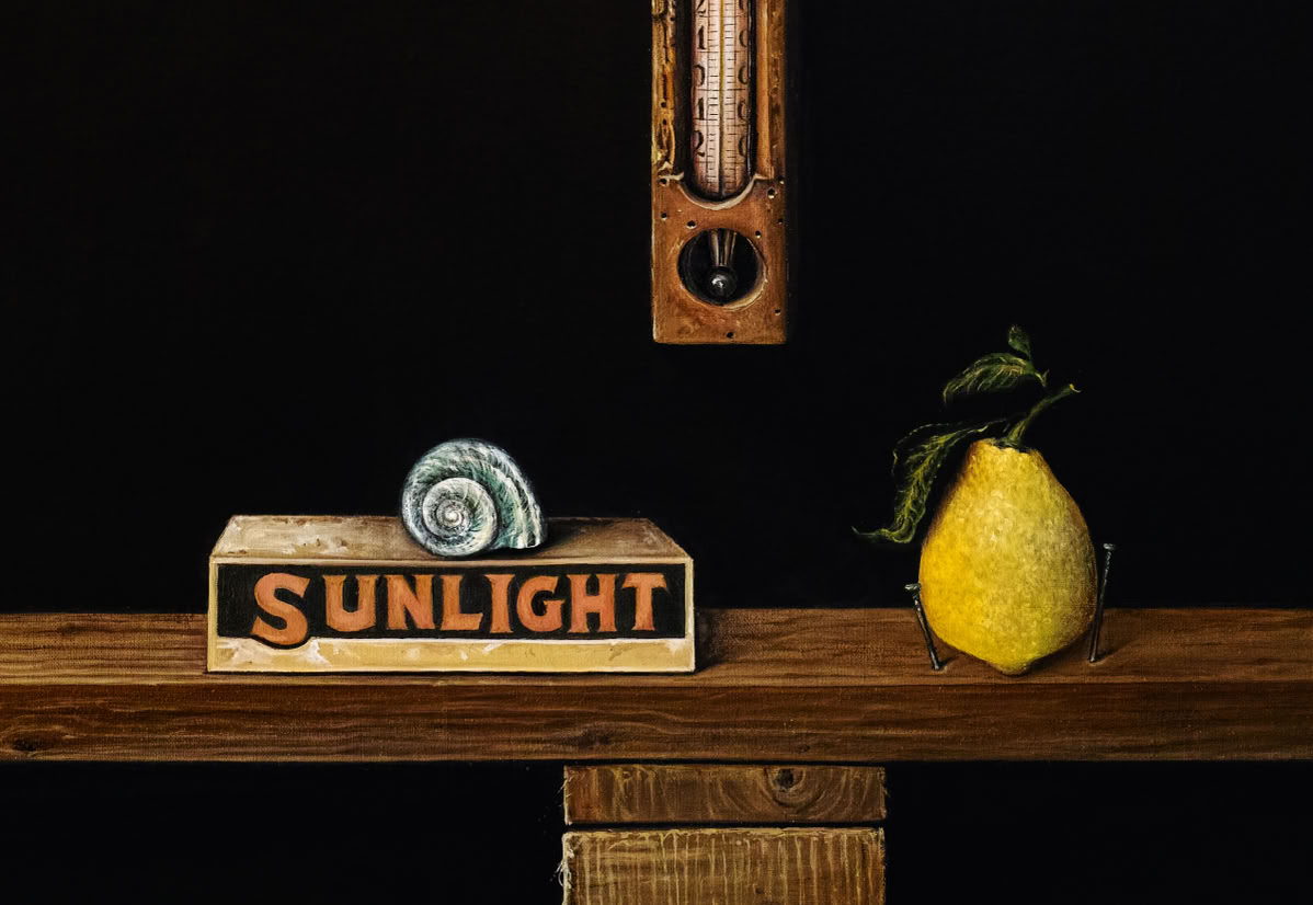 Ein hängendes Thermometer über einem Holztbrett, auf dem eine Schnecke, eine Schachtel mit der Aufschrift "SUNLIGHT" und eine Zitrone liegen (Detail).